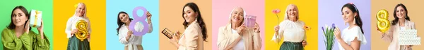 Colagem Mulheres Bonitas Com Presentes Flores Figura Fundo Cores Dia — Fotografia de Stock