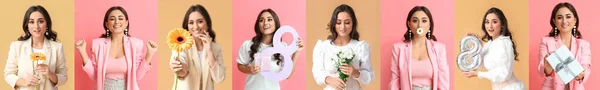 Collage Hermosa Mujer Joven Con Regalos Flores Figura Sobre Fondo — Foto de Stock