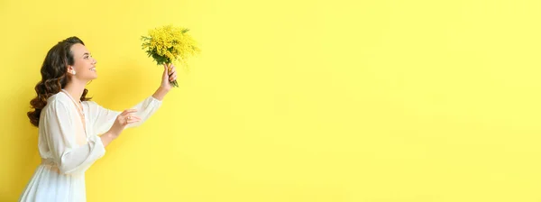 Beautiful Young Woman Mimosa Flowers Yellow Background Space Text — Stock Photo, Image
