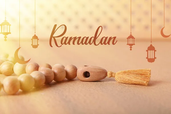 Gratulationskort För Ramadan Med Trämuslimska Bönepärlor — Stockfoto