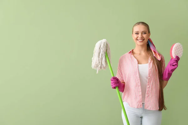 Young Woman Sponge Floor Mop Color Background — Stock Photo, Image