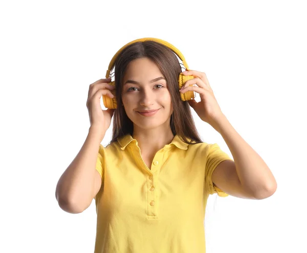 Cool Young Woman Listening Music White Background — Stock Photo, Image