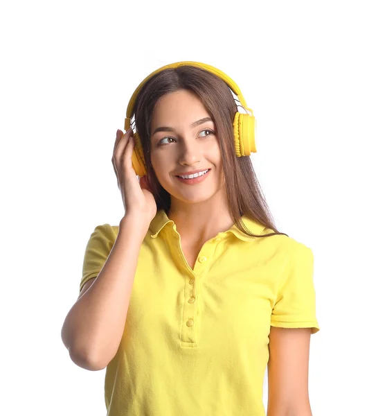 Cool Jonge Vrouw Luisteren Naar Muziek Witte Achtergrond — Stockfoto
