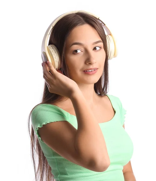 Cool Jeune Femme Écouter Musique Sur Fond Blanc — Photo