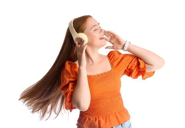 Cool Young Woman Listening Music White Background — Stock Photo, Image