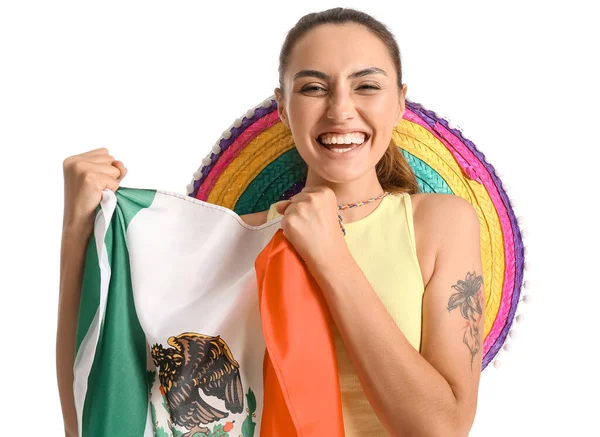 Ευτυχισμένη Νεαρή Γυναίκα Μεξικανική Σημαία Και Σομπρέρο Λευκό Φόντο — Φωτογραφία Αρχείου