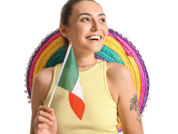 Piękna Kobieta Meksykańską Flagą Sombrero Białym Tle — Zdjęcie stockowe