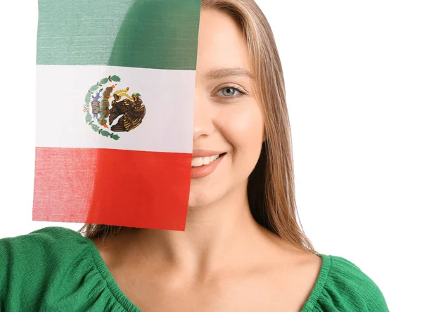 Boldog Fiatal Zászló Mexikó Fehér Háttér — Stock Fotó