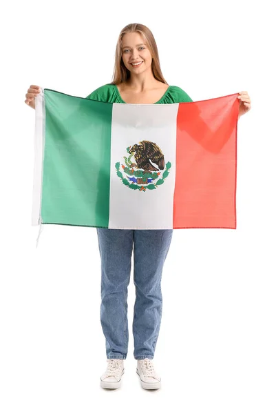 Ευτυχισμένη Νεαρή Γυναίκα Σημαία Του Μεξικού Λευκό Φόντο — Φωτογραφία Αρχείου
