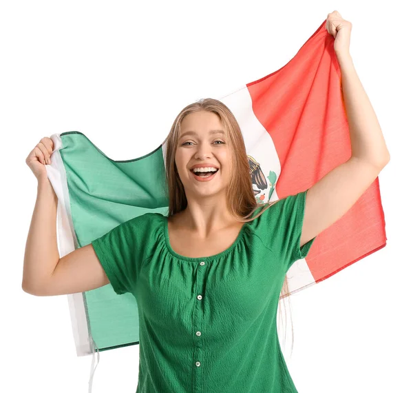 Gelukkig Jong Vrouw Met Vlag Van Mexico Witte Achtergrond — Stockfoto
