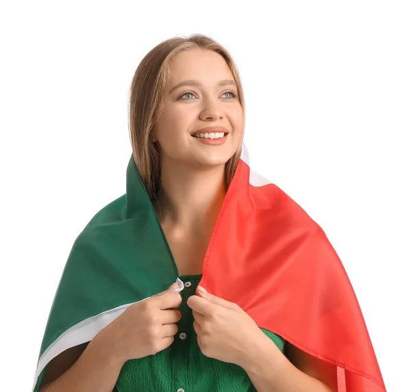 Szczęśliwa Młoda Kobieta Flagą Meksyku Białym Tle — Zdjęcie stockowe