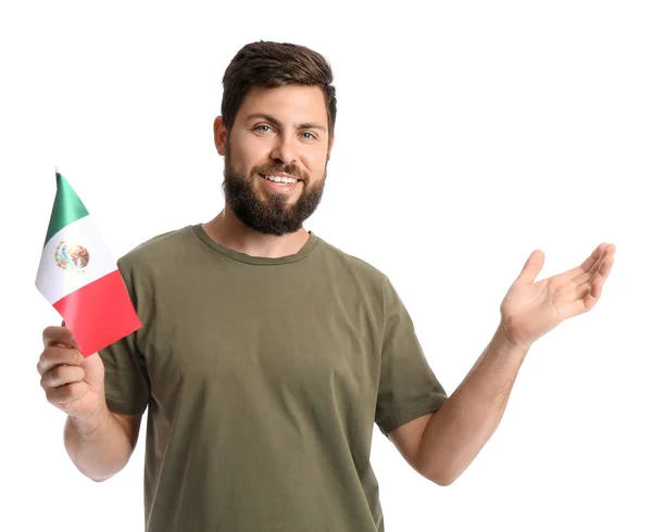 Hombre Guapo Con Bandera Mexicana Sobre Fondo Blanco — Foto de Stock