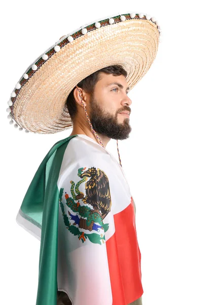 Schöner Mann Sombrero Und Mit Mexikanischer Flagge Auf Weißem Hintergrund — Stockfoto