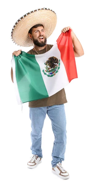 Knappe Man Sombrero Met Mexicaanse Vlag Witte Achtergrond — Stockfoto