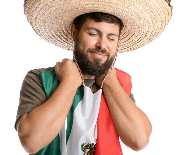 Bel Homme Sombrero Avec Drapeau Mexicain Sur Fond Blanc — Photo