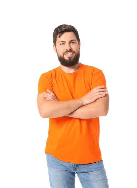 Hombre Guapo Camiseta Naranja Brillante Sobre Fondo Blanco —  Fotos de Stock