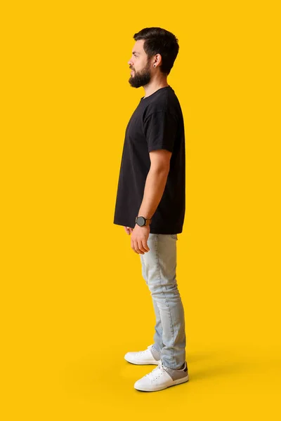 Handsome Man Black Shirt Yellow Background — Stock Photo, Image