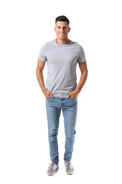 Guapo Joven Elegante Camiseta Aislada Blanco — Foto de Stock