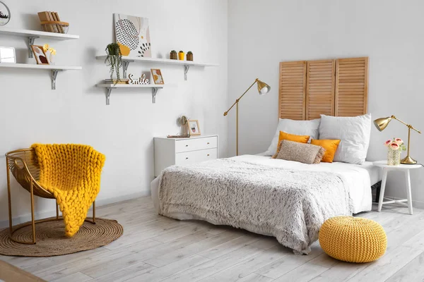 Interior Light Bedroom Golden Lamps Armchair — Stock Photo, Image