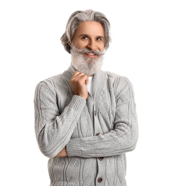 Stilig Senior Man Stickad Tröja Vit Bakgrund — Stockfoto