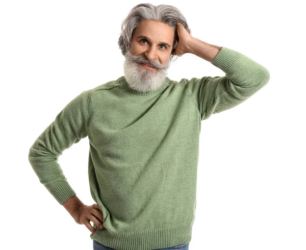 Stilig Senior Man Stickad Tröja Vit Bakgrund — Stockfoto