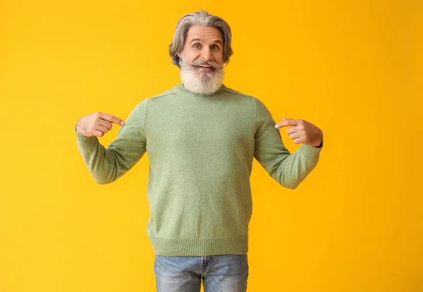 Handsome Senior Man Knitted Sweater Yellow Background — Stock Photo, Image