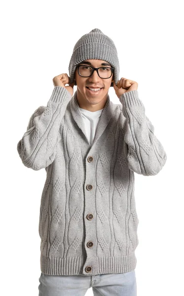 Bello Asiatico Uomo Maglia Maglione Sfondo Bianco — Foto Stock