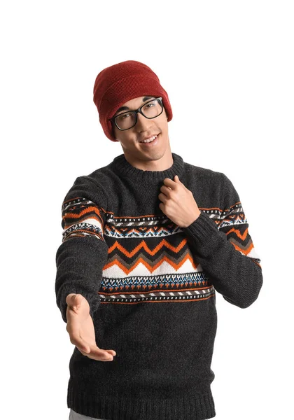Handsome Asian Man Knitted Sweater White Background — Stock Photo, Image