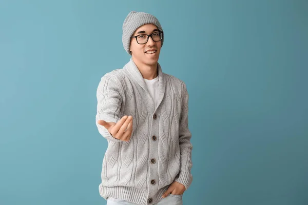 Handsome Young Asian Man Knitted Sweater Blue Background — Stock Photo, Image