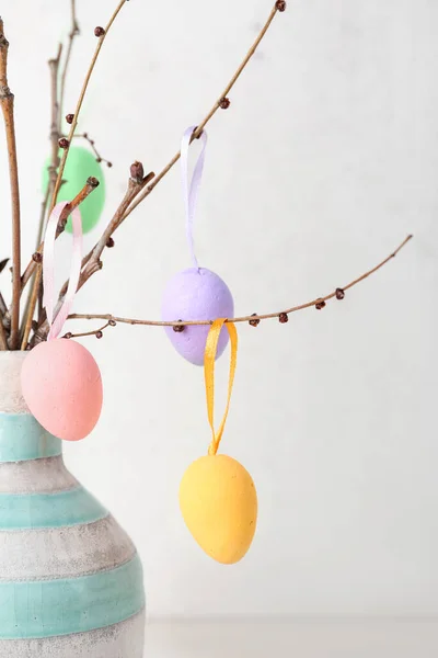 Vase Tree Branches Different Easter Eggs Light Background Closeup — Stock Photo, Image
