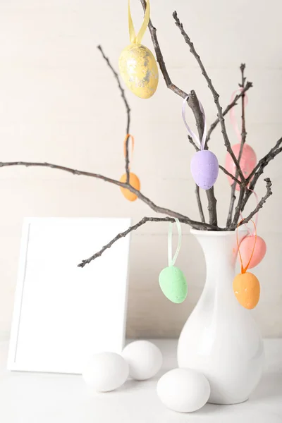 Vase Tree Branches Easter Eggs Blank Photo Frame White Wooden — Stock Photo, Image