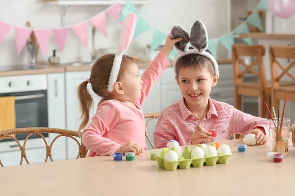 Cute Little Boy Bunny Ears His Sister Painting Easter Eggs — Stock Photo, Image