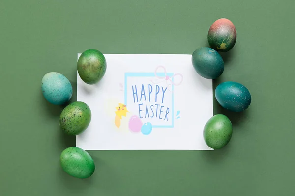 Gyönyörű Húsvéti Kompozíció Üdvözlőkártyával Színes Háttéren — Stock Fotó
