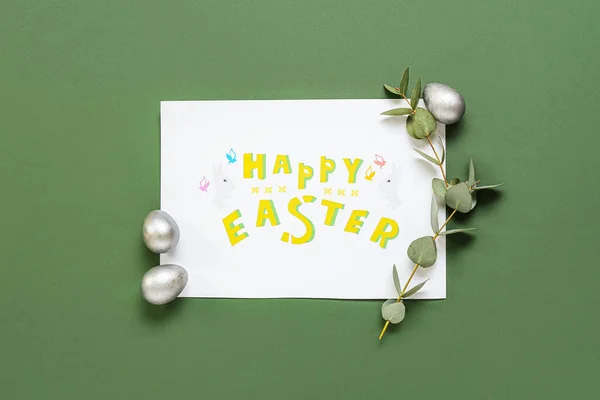 Gyönyörű Húsvéti Kompozíció Üdvözlőkártyával Színes Háttéren — Stock Fotó