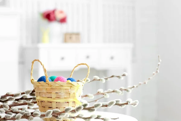 Basket Painted Easter Eggs Pussy Willow Branches Table Home — Stock Fotó