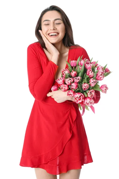 Pretty Young Woman Flowers White Background International Women Day Celebration — Stock Photo, Image