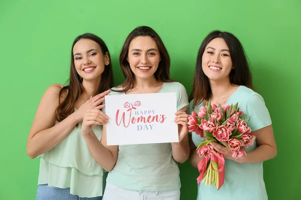 Beautiful Women Flowers Paper Text Happy Women Day Green Background — Stock Photo, Image