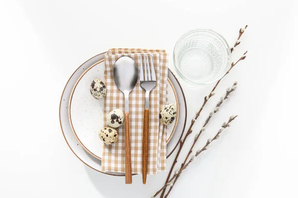 Beautiful Easter Table Setting Pussy Willow Branches White Background — Fotografia de Stock