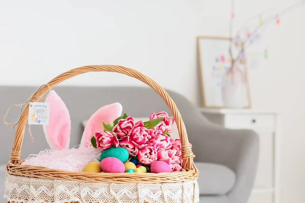 Basket Easter Eggs Bunny Ears Tulips Light Room — Stock Photo, Image