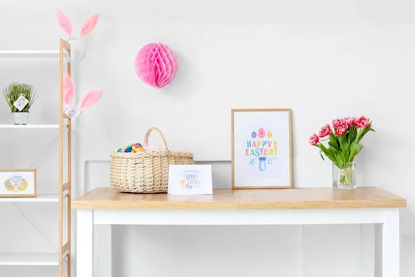 Workplace Basket Greeting Cards Text Happy Easter Light Wall — Stock Photo, Image