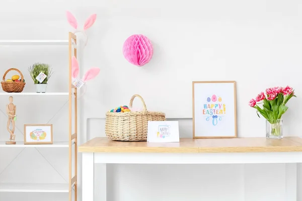 Workplace Basket Greeting Cards Text Happy Easter Light Wall — Stock Photo, Image