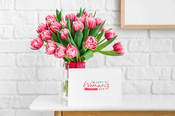 Vase Tulips Greeting Card Text Happy Women Day Table White — Stock Photo, Image