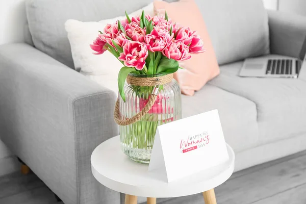Beautiful Tulips Greeting Card Text Happy Woman Day Table Sofa — Stock Photo, Image