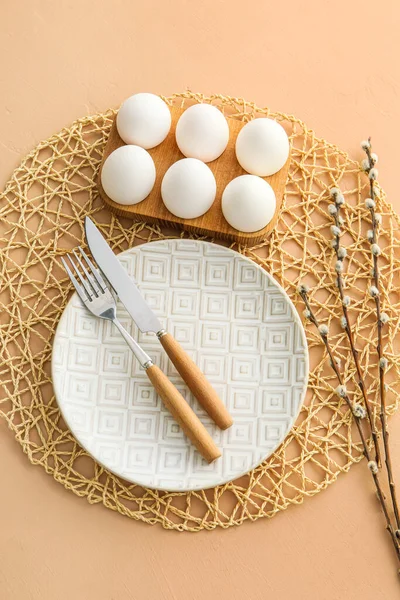 Beautiful Table Setting Easter Celebration Pussy Willow Branches Beige Background — Stockfoto