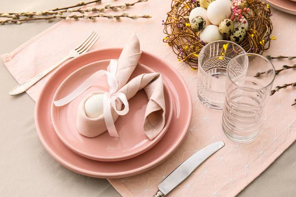 Beautiful Table Setting Easter Celebration Pussy Willow Branches Grey Background — Stockfoto