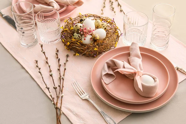Beautiful Table Setting Easter Celebration Pussy Willow Branches Grey Background — Φωτογραφία Αρχείου