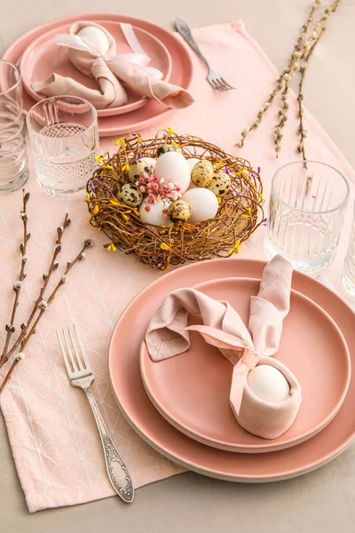 Beautiful Table Setting Easter Celebration Pussy Willow Branches Grey Background — Stockfoto