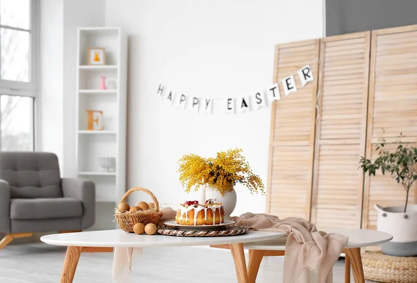 Easter Cake Basket Eggs Mimosa Flowers Table Room — Stock Photo, Image