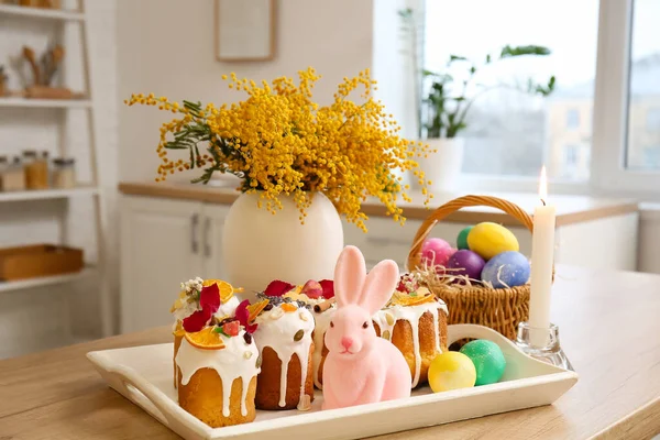 Tray Easter Cakes Eggs Burning Candle Kitchen Counter — Stock Photo, Image