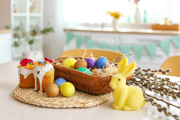 Basket Easter Eggs Cakes Rabbit Pussy Willow Branches Dining Table — Stockfoto